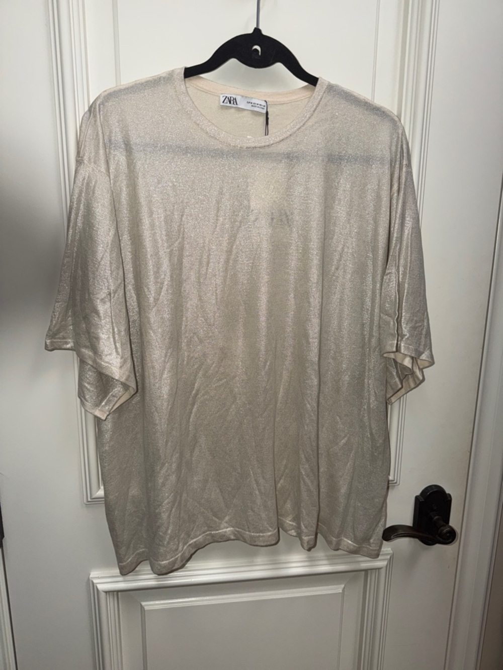 Zara gold lame foil Shimmery Cream beige tan boxy boyfriend shirt tee oversized